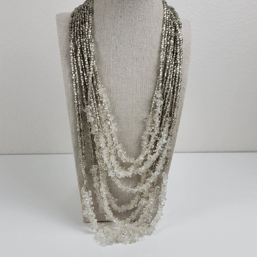Chico's Silver Tone Clear Crystal Ice Chip Layered Necklace 24 In Lobster Clasp